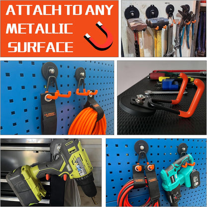 ULIBERMAGNET Heavy Duty Magnetic Garage Hooks - Strong Magnet Holders for Tools & Pegboard | 2 Pack (Orange)