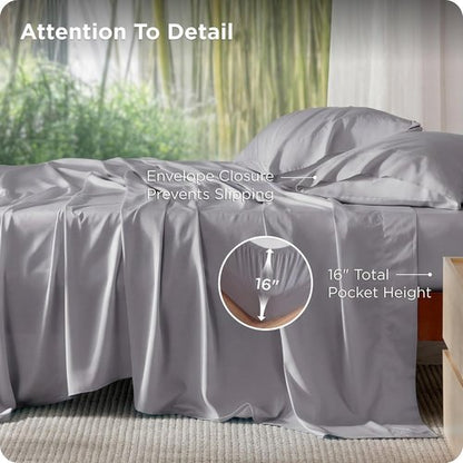 Bedsure California King Sheet Set - Cooling Rayon Sheets from Bamboo | Breathable, Soft & Deep Pocket 16" - Silver Grey