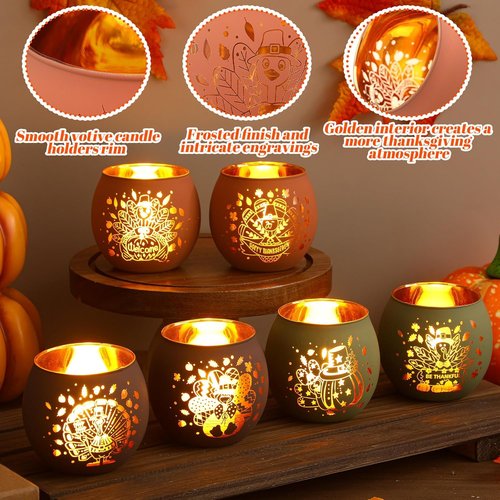 Jingmore Thanksgiving Votive Candle Holders - Set of 6 Flameless Turkey Tea Lights for Fall Decor