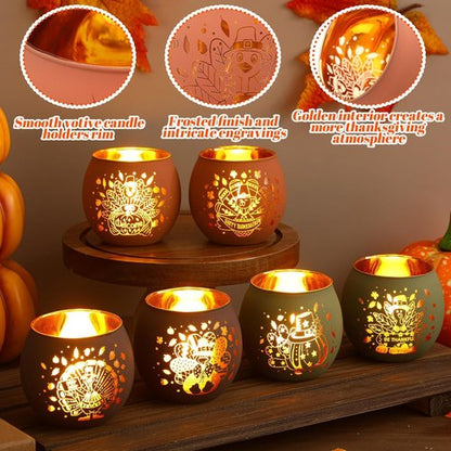 Jingmore Thanksgiving Votive Candle Holders - Set of 6 Flameless Turkey Tea Lights for Fall Decor