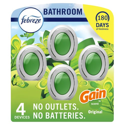 Febreze Bathroom Air Freshener, Odor-Fighting, Plug In Alternative, Air Fresheners for Small Spaces in Home, Bathroom, Kitchen, & Closet, Pet & Litter Box Odor Fighter, Gain Original Scent, 4ct