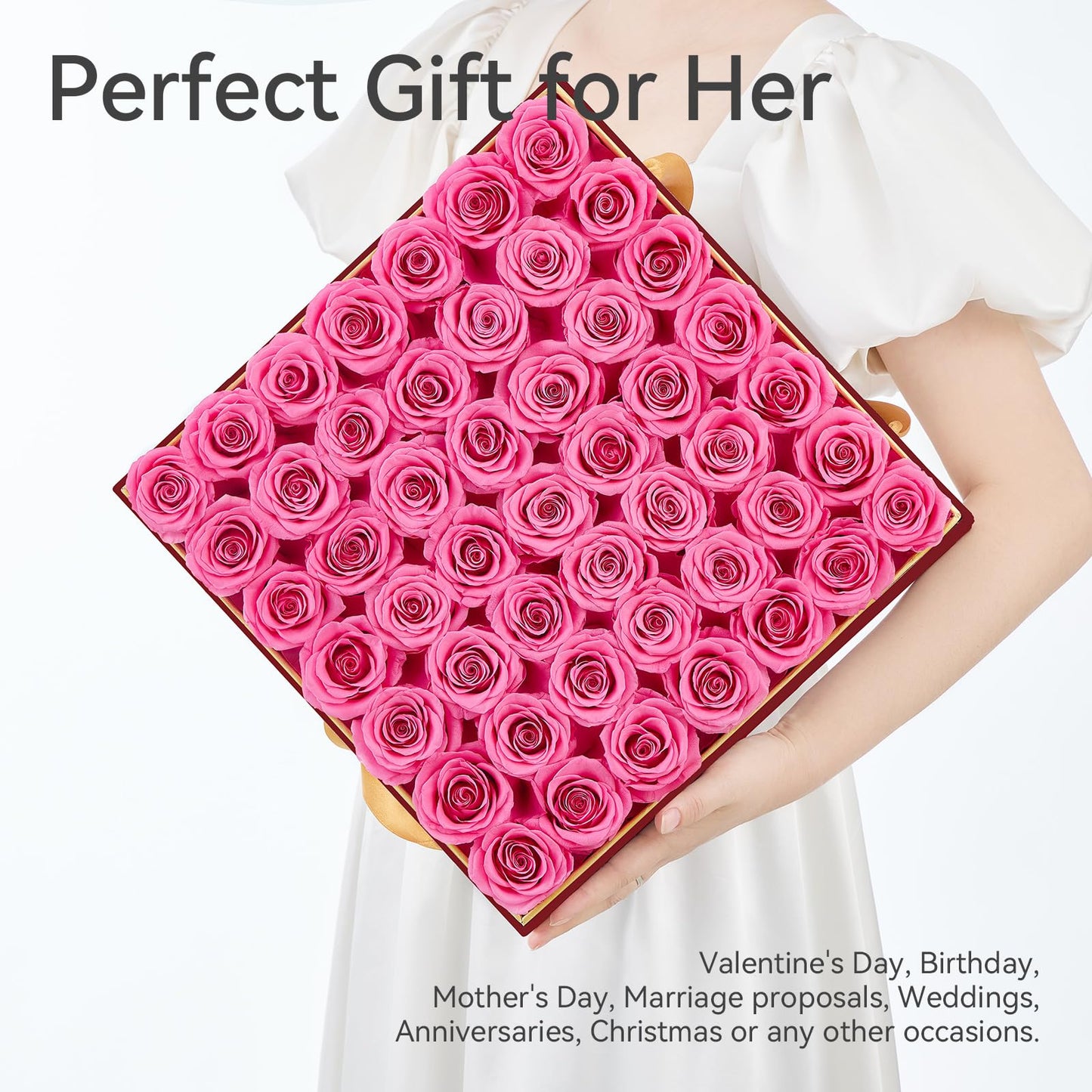 Mosstory Preserved Roses in a Box 49-Piece Forever Flowers Gifts for Women Wife Mother Day Christmas Anniversary (Pink Roses, Square Burgundy Suede Box)