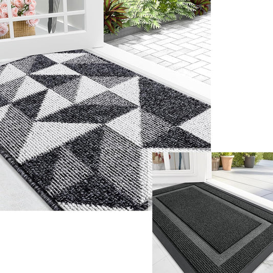 OLANLY Indoor/Outdoor Door Mat Set - Black Geometric Design (29.5x17 in & 32x20 in)