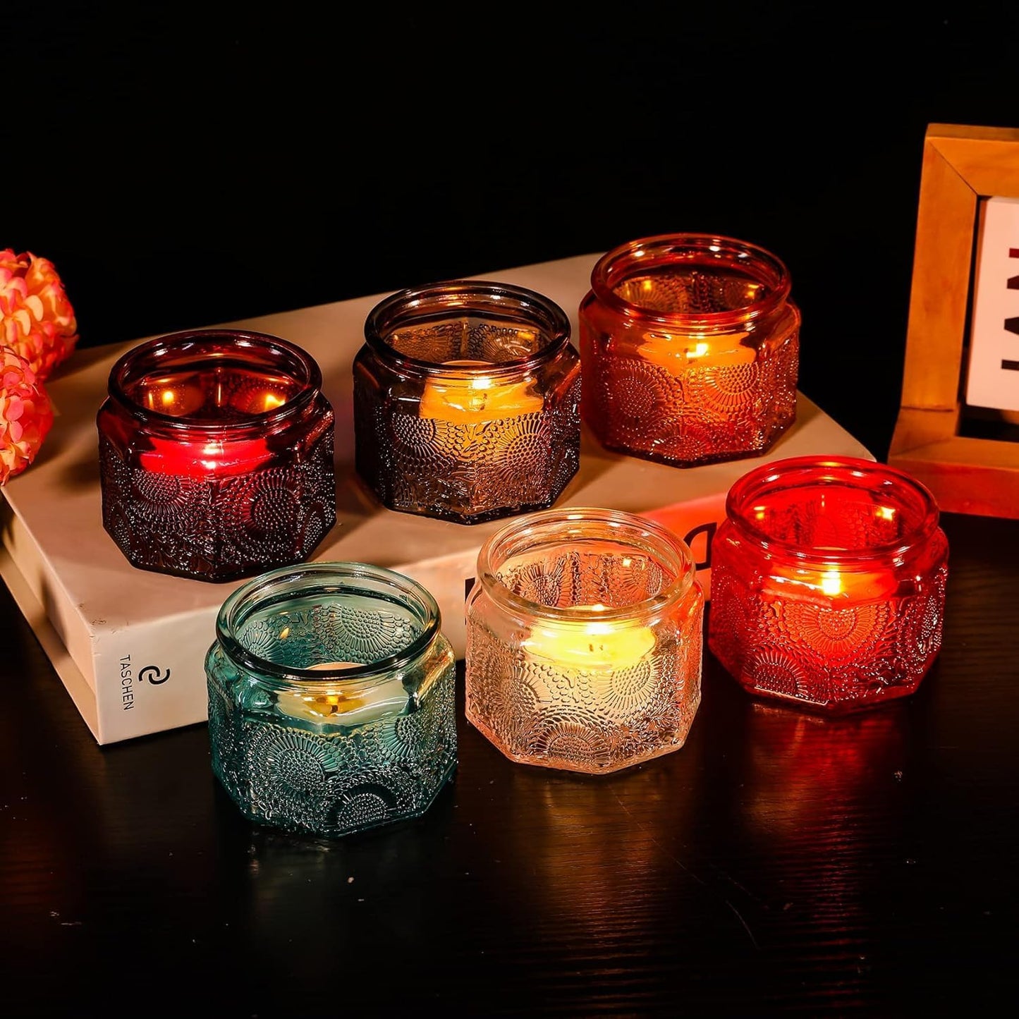 Skiennix Set of 6 Glass Tea Light Candle Holders - Colorful Votive Centerpieces for Weddings & Parties