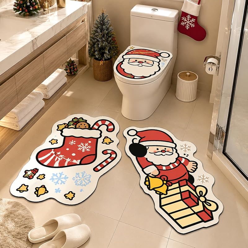 Dfl YE 3 Piece Novelty Christmas Bathroom Rug Set - Non-Slip Absorbent Bath Mats (Variation D)