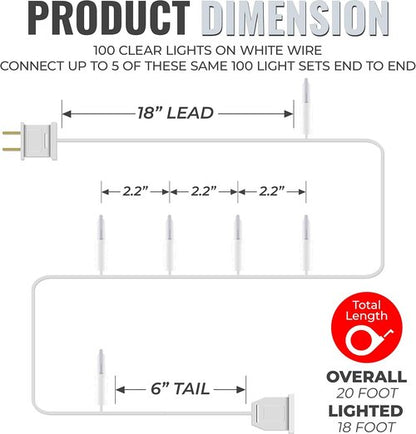 612 Vermont Clear Christmas Lights - 100 Bulbs on White Wire | UL Approved for Indoor/Outdoor Use, 18ft Length