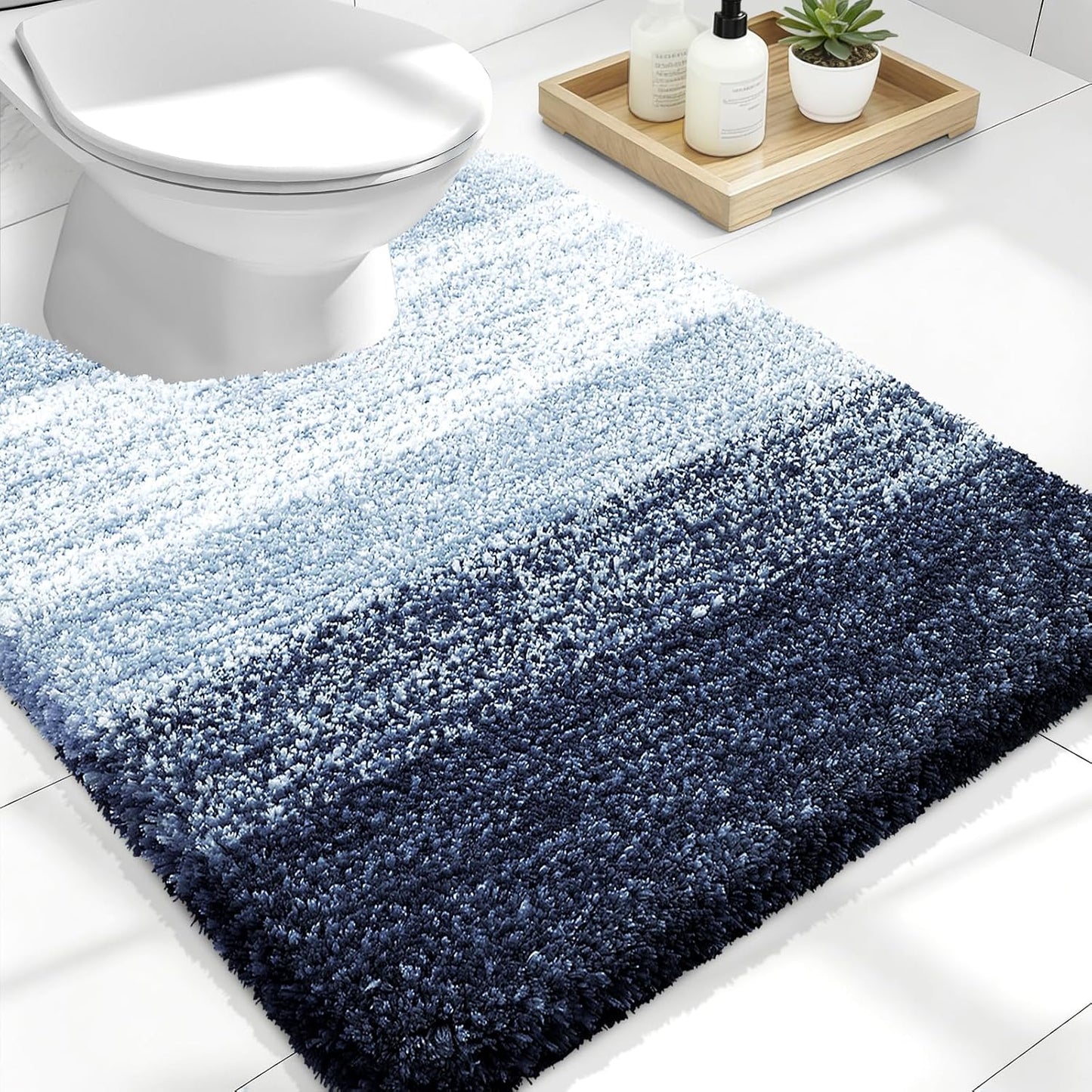 OLANLY Luxury U-Shaped Toilet Rugs - Extra Soft, Absorbent Microfiber Bath Mat, 24x20, Navy Blue