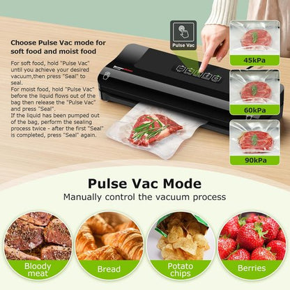 Bonsenkitchen Vacuum Sealer Machine - Multi-Functional Food Sealer with 10 Bags & Compact Design, Black
