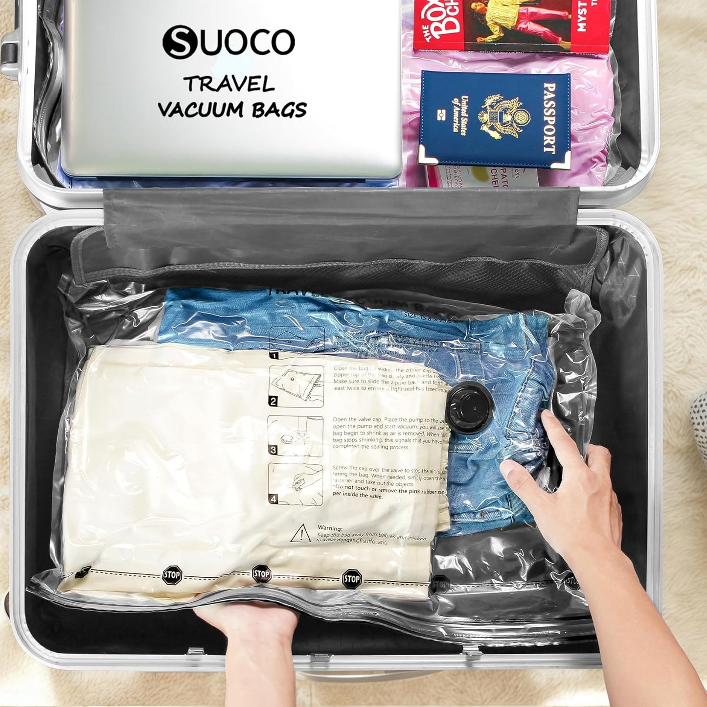 Skiennix Travel Vacuum Bags - Compression Packing Cubes with Rechargeable Electric Pump | 8 Small Space Saver Bags for Luggage