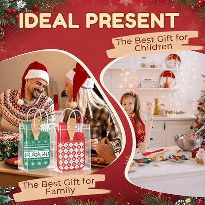 Christmas Pot Holders & Utensil Gift Set – 6 Potholders, 6 Spatulas, 6 Spoons, 6 Gift Bags, Vintage Knit Pattern (Red & Vintage)