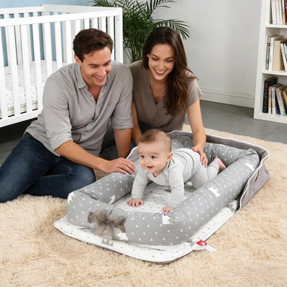 Baby Lounger by Crown | Portable Infant Lounger for Newborns to Toddlers 0-24 Months - Breathable Cotton, Adjustable Size & Travel Strap