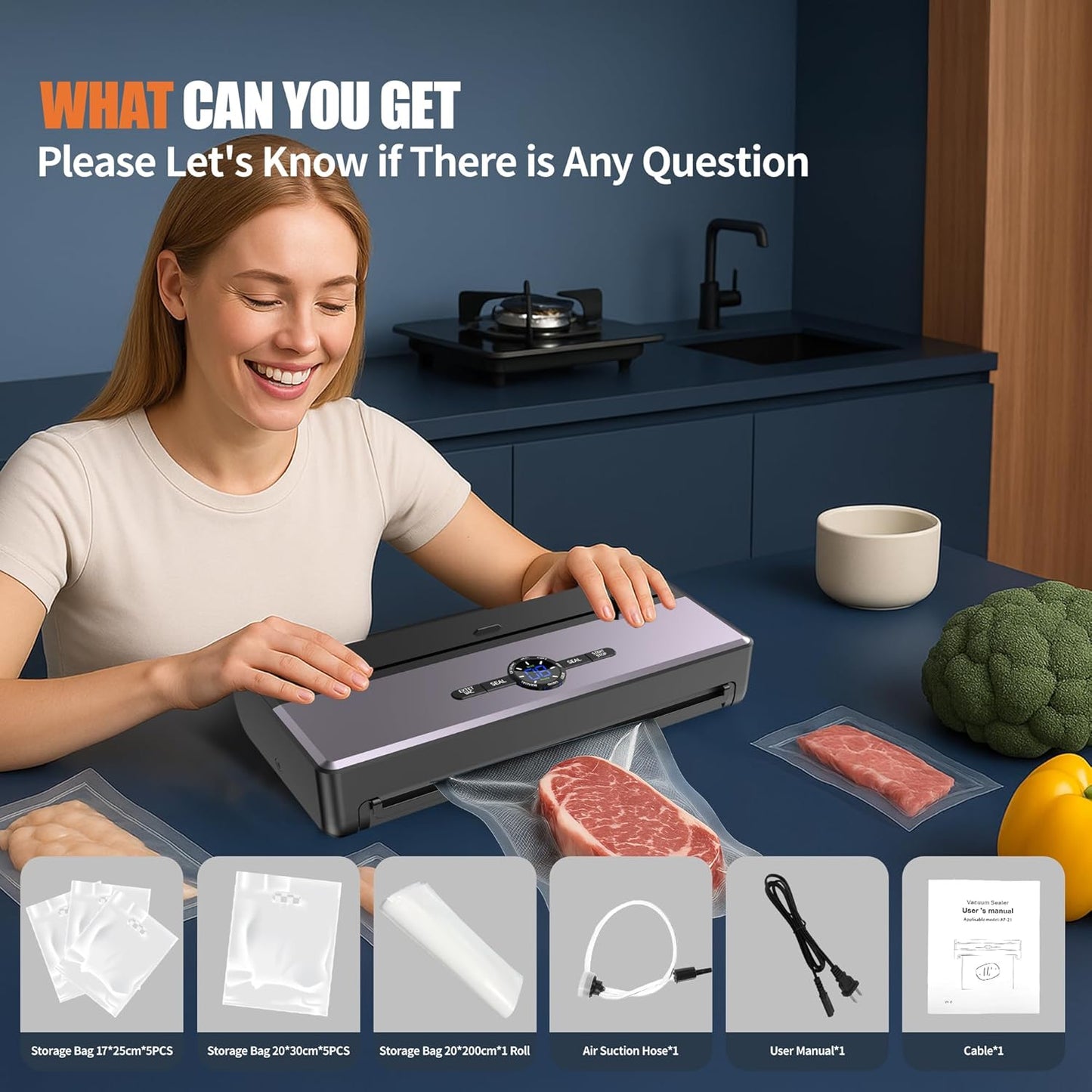 Skiennix Food Vacuum Sealer - 85KPA Strong Suction, Automatic Seal in 10-20 Secs, Includes 10 Bags & Roll