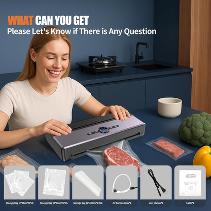 Skiennix Food Vacuum Sealer - 85KPA Strong Suction, Automatic Seal in 10-20 Secs, Includes 10 Bags & Roll