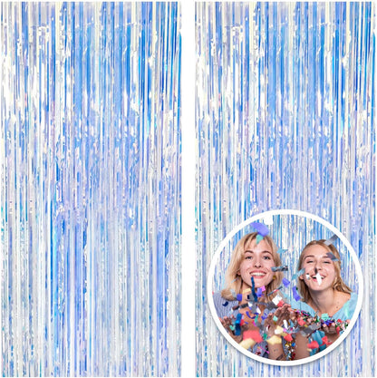Skiennix Iridescent Metallic Tinsel Foil Fringe Curtains - 2 Pack Photo Booth Backdrop for Parties & Celebrations