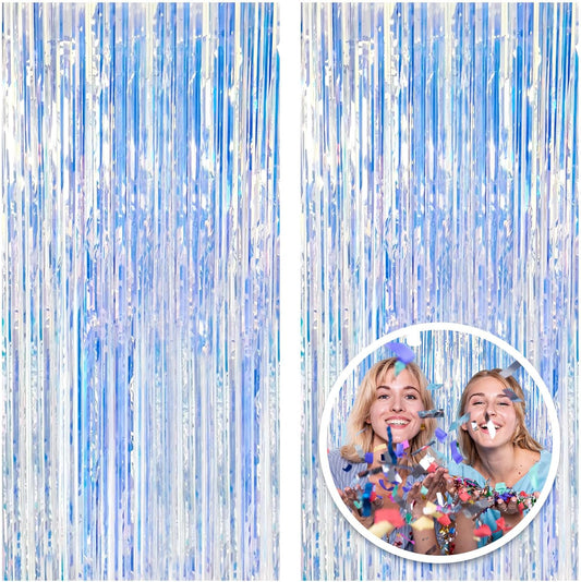 Skiennix Iridescent Metallic Tinsel Foil Fringe Curtains - 2 Pack Photo Booth Backdrop for Parties & Celebrations