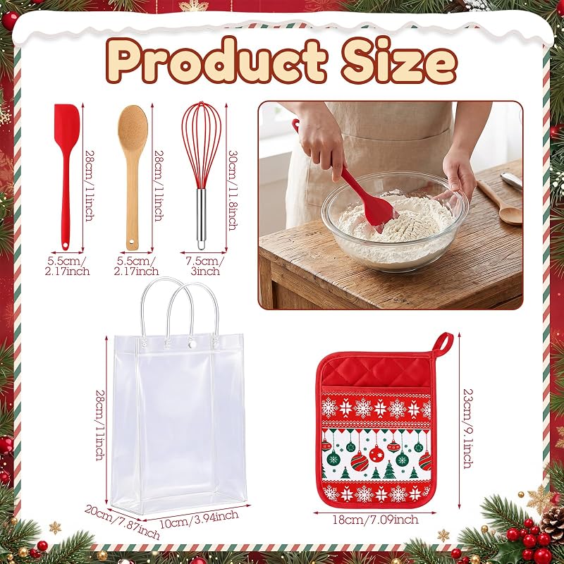 Christmas Pot Holders & Utensil Gift Set – 6 Potholders, 6 Spatulas, 6 Spoons, 6 Gift Bags, Vintage Knit Pattern (Red & Vintage)
