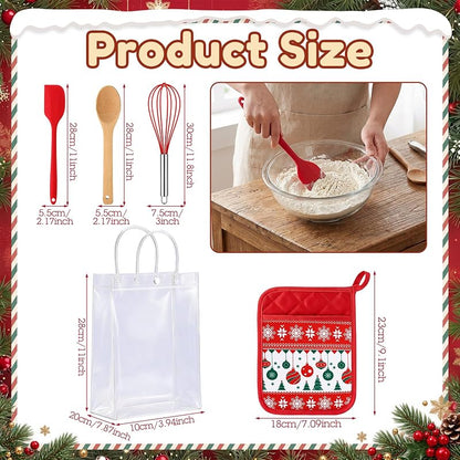 Christmas Pot Holders & Utensil Gift Set – 6 Potholders, 6 Spatulas, 6 Spoons, 6 Gift Bags, Vintage Knit Pattern (Red & Vintage)