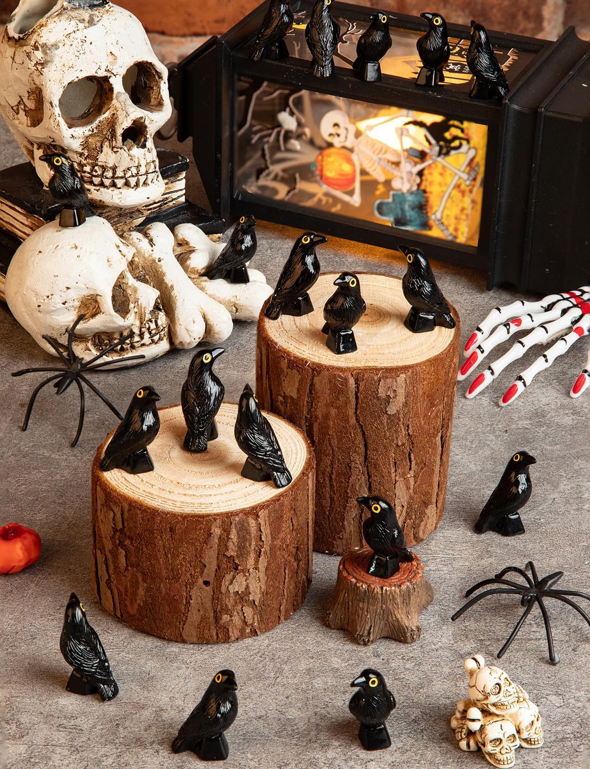 Skiennix Mini Resin Crows - Halloween Decor Black Raven Figurines | 100 Pcs for Table Decorations