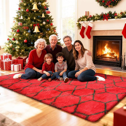 Fluffy 4x6 Area Rug for Bedroom - Red & Green Shag Rug, Non-Slip Bottom