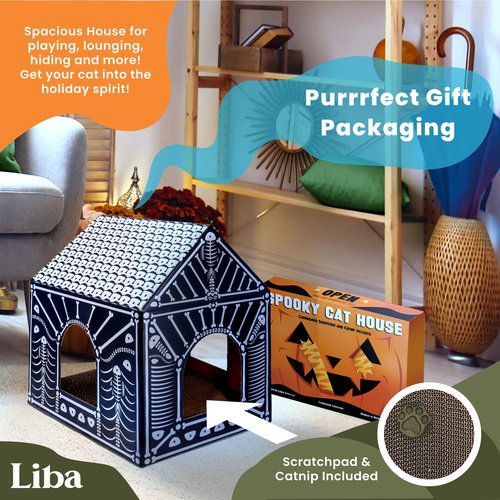 LiBa Cardboard Cat House with Scratch Pad and Catnip, Cat Bed for Indoor Cats, Cat Scratcher, Halloween Decorations Halloween Cat Toys Gifts for Cats Fish Bone