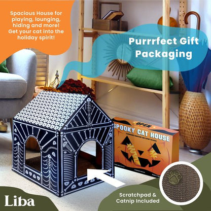 LiBa Cardboard Cat House with Scratch Pad and Catnip, Cat Bed for Indoor Cats, Cat Scratcher, Halloween Decorations Halloween Cat Toys Gifts for Cats Fish Bone