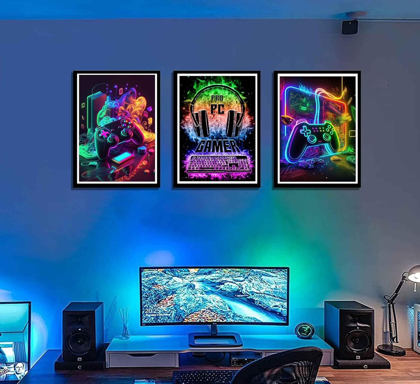 PPV Gaming Wall Art - Retro Video Gamer Canvas Prints | Colorful Neon Gamepad Decor 12x16in