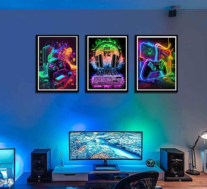 PPV Gaming Wall Art - Retro Video Gamer Canvas Prints | Colorful Neon Gamepad Decor 12x16in