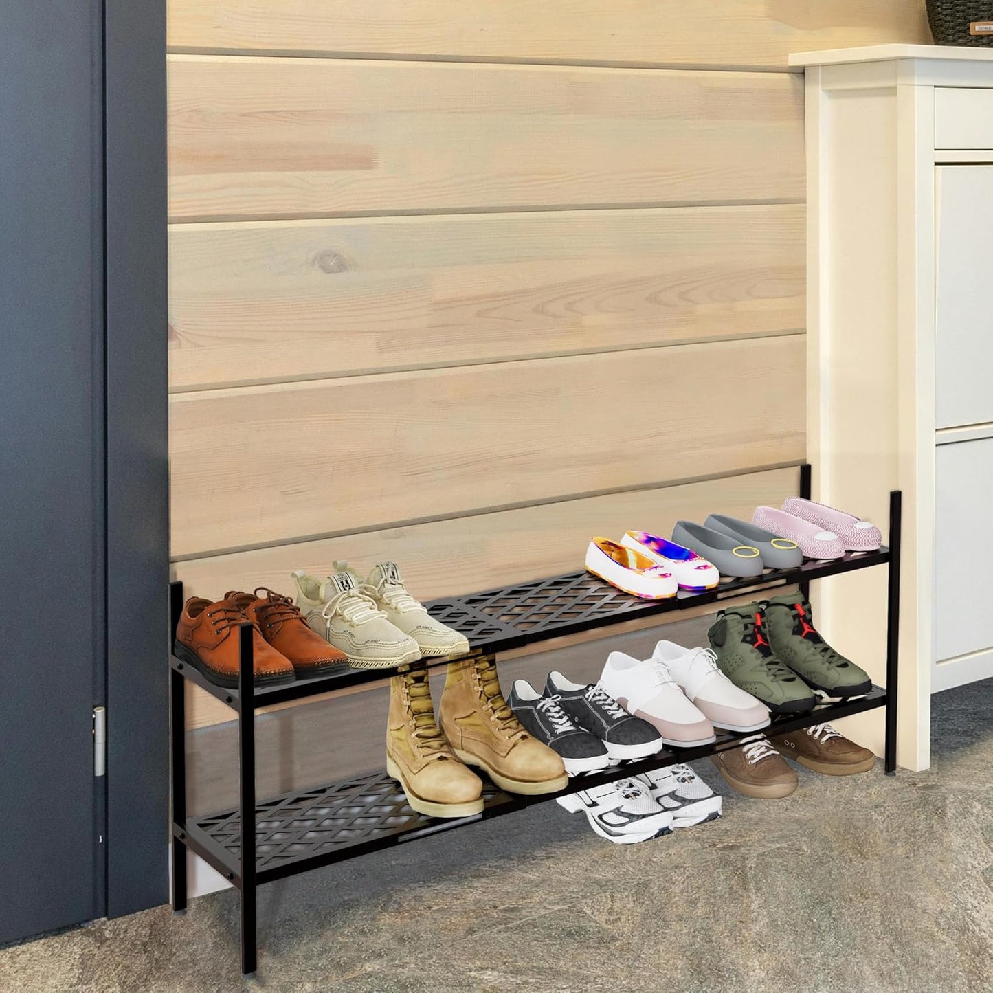 Skiennix Expandable Shoe Rack - 2-Tier Metal Organizer for 12-18 Pairs | Black, 45.6 Inches