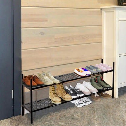 Skiennix Expandable Shoe Rack - 2-Tier Metal Organizer for 12-18 Pairs | Black, 45.6 Inches