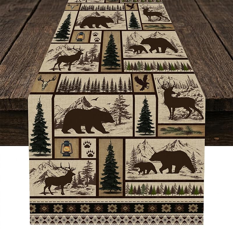 Cabin-11 Rustic Bear Deer Table Runner 13x90 Inches – Linen Kitchen Dinning Decor