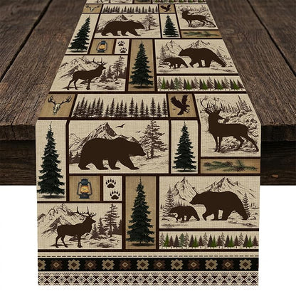 Cabin-11 Rustic Bear Deer Table Runner 13x90 Inches – Linen Kitchen Dinning Decor