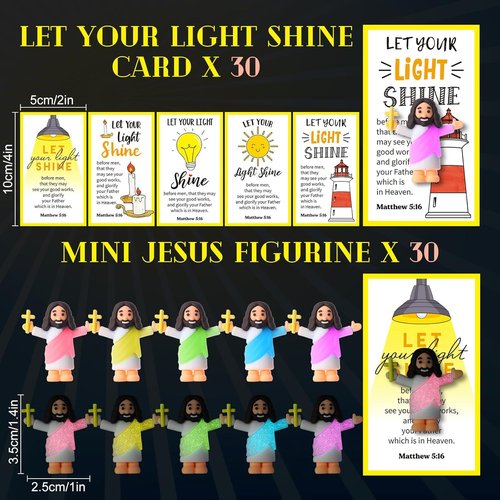 CroBlissful Mini Jesus Figurines - 30 Sets Glow in The Dark with "Let Your Light Shine" Cards | Perfect for Sunday School