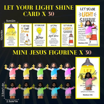 CroBlissful Mini Jesus Figurines - 30 Sets Glow in The Dark with "Let Your Light Shine" Cards | Perfect for Sunday School