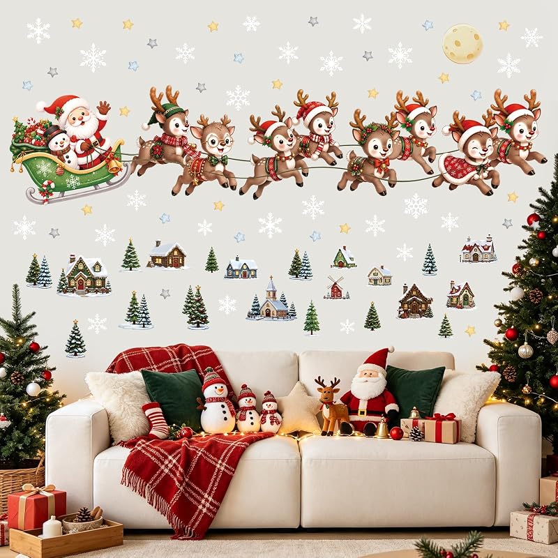 Reusable Santa Claus Reindeer Wall Decals – Peel & Stick Christmas Window Stickers (2 Sheets) - Variation: Reusable