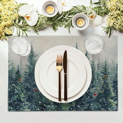 Winter Tree Placemats Set of 4 - 12x18 In Linen Christmas Forest with Red Birds