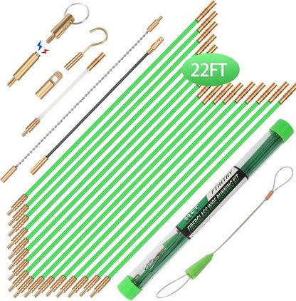 FTIHTRY 22FT Fiberglass Electrical Wire Pulling Rods - Complete Kit with 8 Attachments & Fish Tape