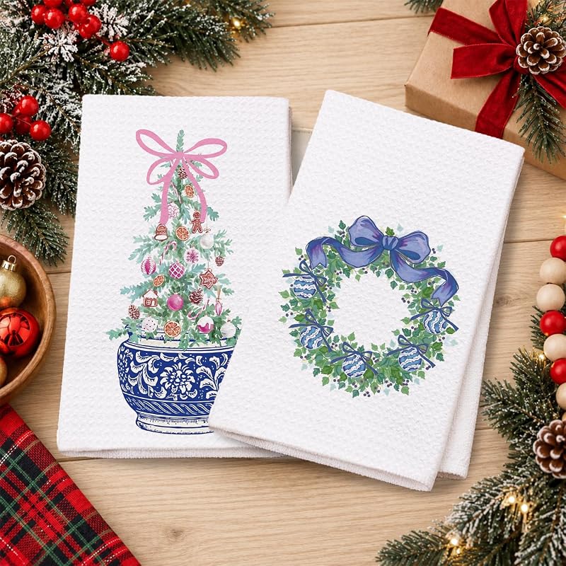 Chinoiserie Christmas Kitchen Towels, 16x24 in, Set of 2 with Blue Bow – Holiday Hand Towels