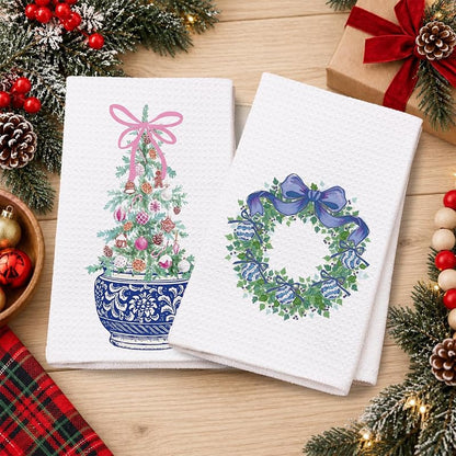 Chinoiserie Christmas Kitchen Towels, 16x24 in, Set of 2 with Blue Bow – Holiday Hand Towels