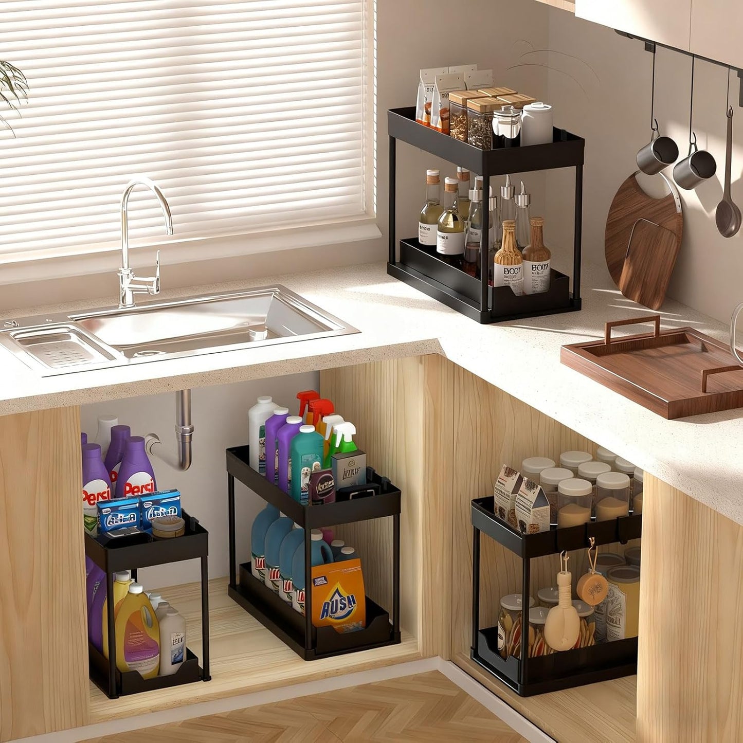 Under Sink Organizers by [Brand Name] - 2 Pack Pull-Out Sliding Cabinet Organizer with 2-Tier Storage Shelf & 4 Hooks | Multi-Purpose for Kitchen & Bathroom (13 Inch, Black)