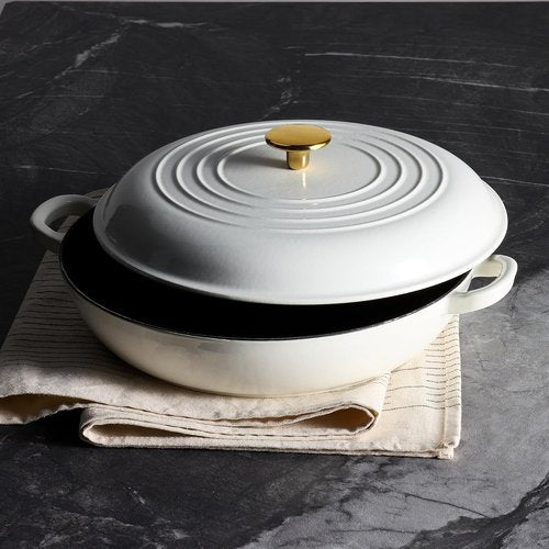 CAROTE Enameled Cast Iron Braiser Pan - 3.4QT Shallow Dutch Oven with Lid | Non-Toxic, All Stovetop Compatible, White