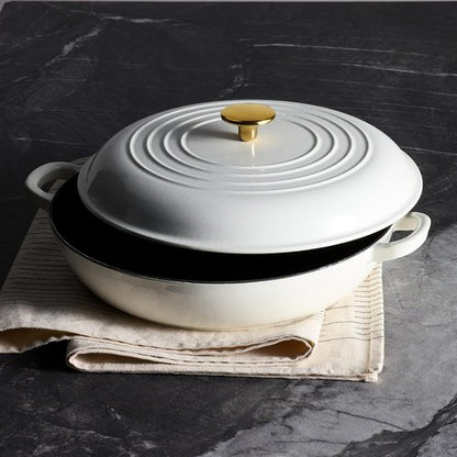 CAROTE Enameled Cast Iron Braiser Pan - 3.4QT Shallow Dutch Oven with Lid | Non-Toxic, All Stovetop Compatible, White
