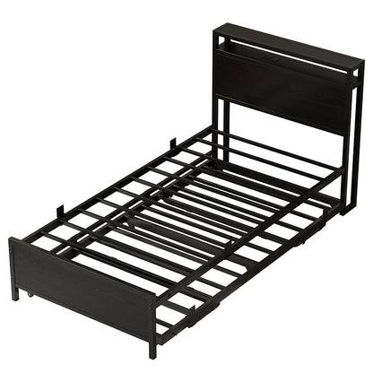 IRONCK Twin Daybed with Trundle, Storage Headboard & Charging Station - Black