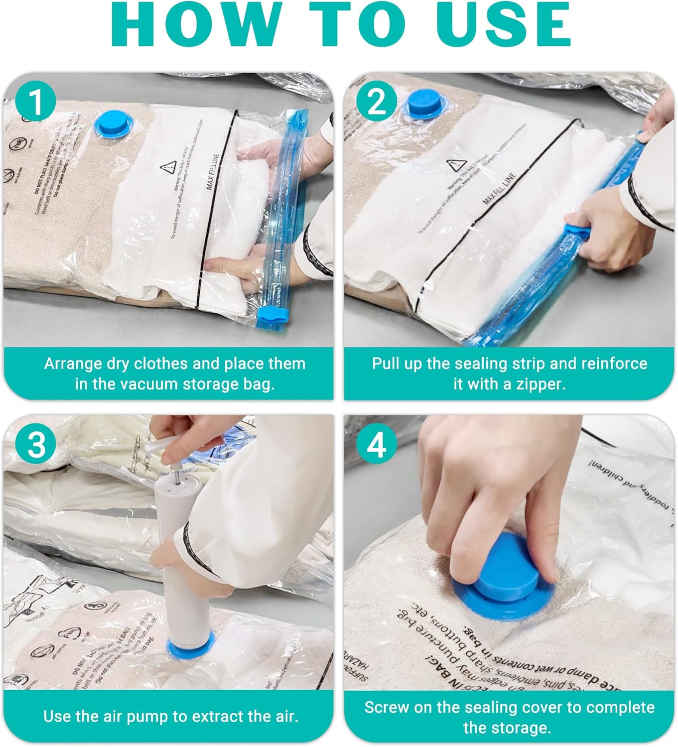 Skiennix Vacuum Seal Bags - 15 Pack Space Saver Storage for Clothing, Blankets & Luggage | Hand Pump Included