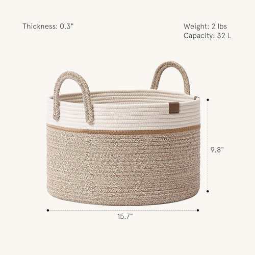 LA JOLIE MUSE Woven Rope Storage Basket - Tall Cotton Laundry Hamper for Toys & Nursery Essentials