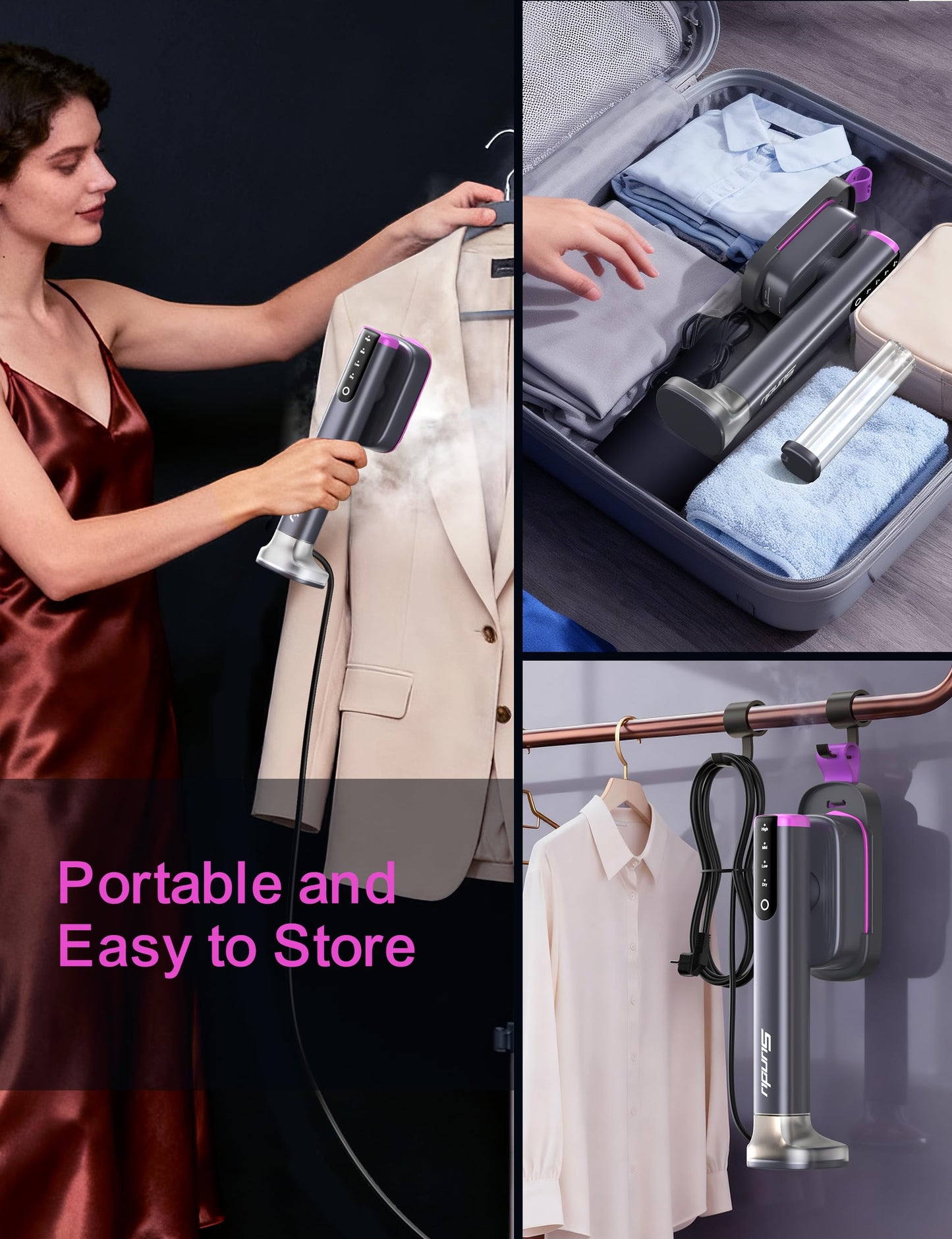 Travel Steamer for Clothes, with 2 Water Tanks (180 ml and 100 ml), Fast Heating, 24g/min Strong Steam, Mini Clothes irons LED Touch Display Dry Ironing, 1200W Portable Steamer ＆ Iron 2 In 1
