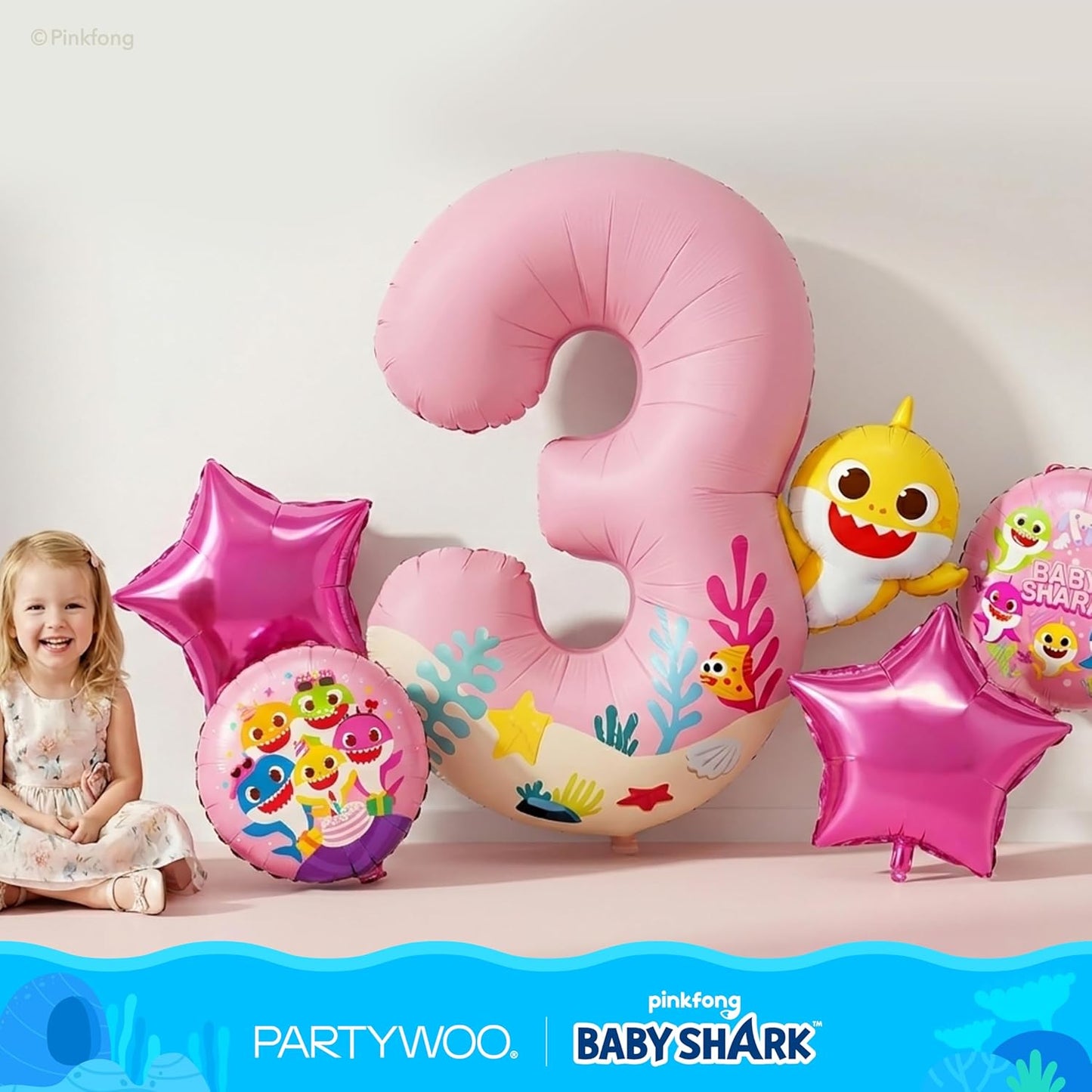 PartyWoo Baby Shark Pink Foil Number 3 Balloon - 5pcs 18-Inch Mylar Helium Birthday Decorations for Kids