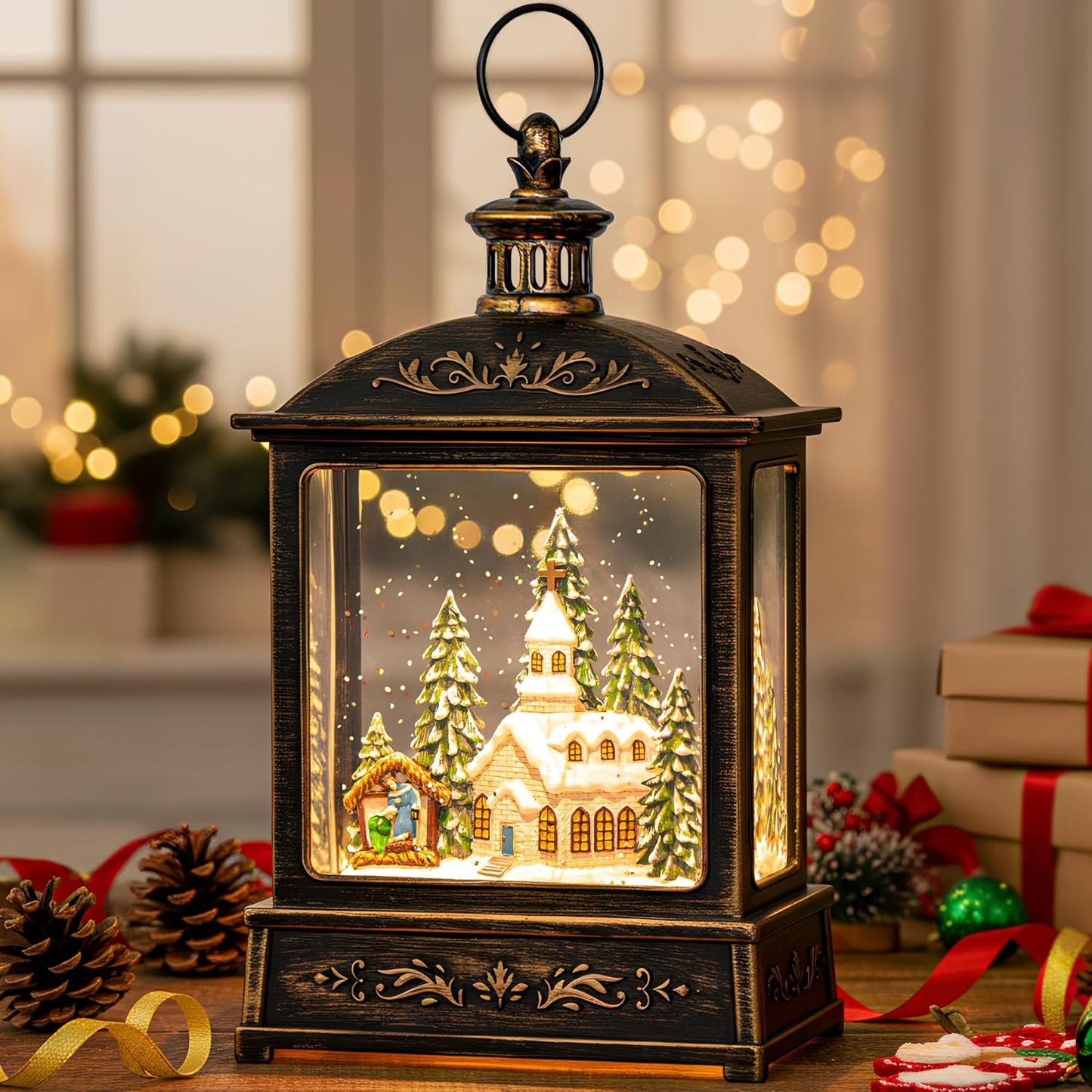 Skiennix 12.5'' Musical Snow Globe Lantern - Lighted Church with Nativity Scene | Battery or USB Powered Christmas Decor