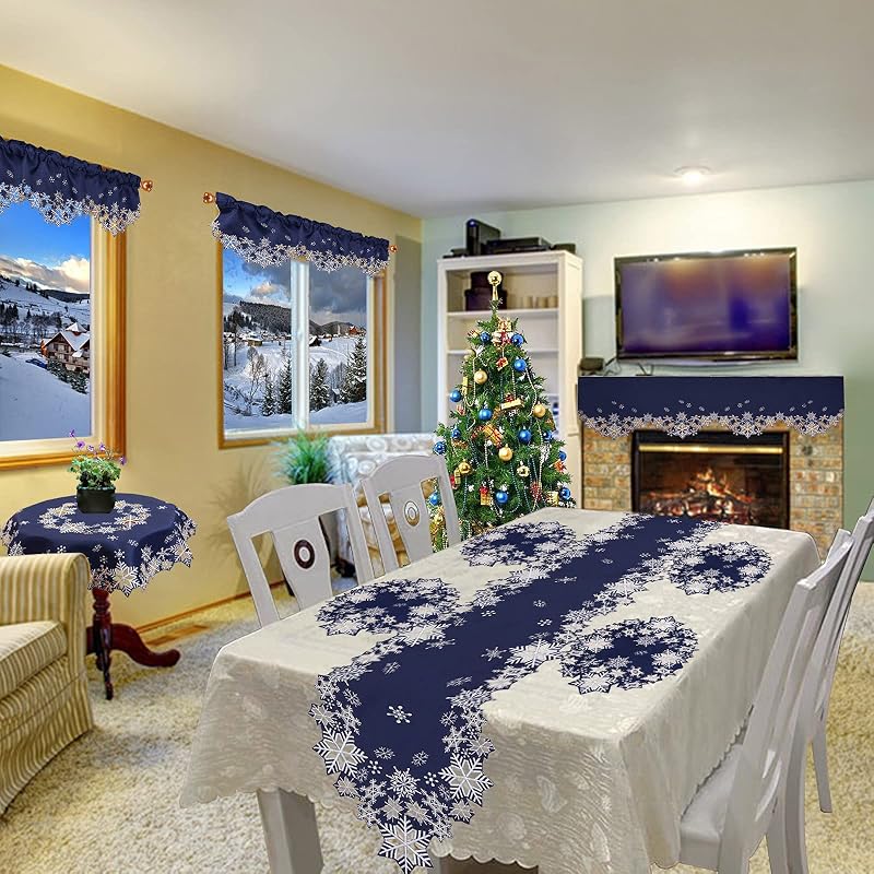 Simhomsen Navy Embroidered Snowflakes Table Runner 14×90 inches – Winter Holiday