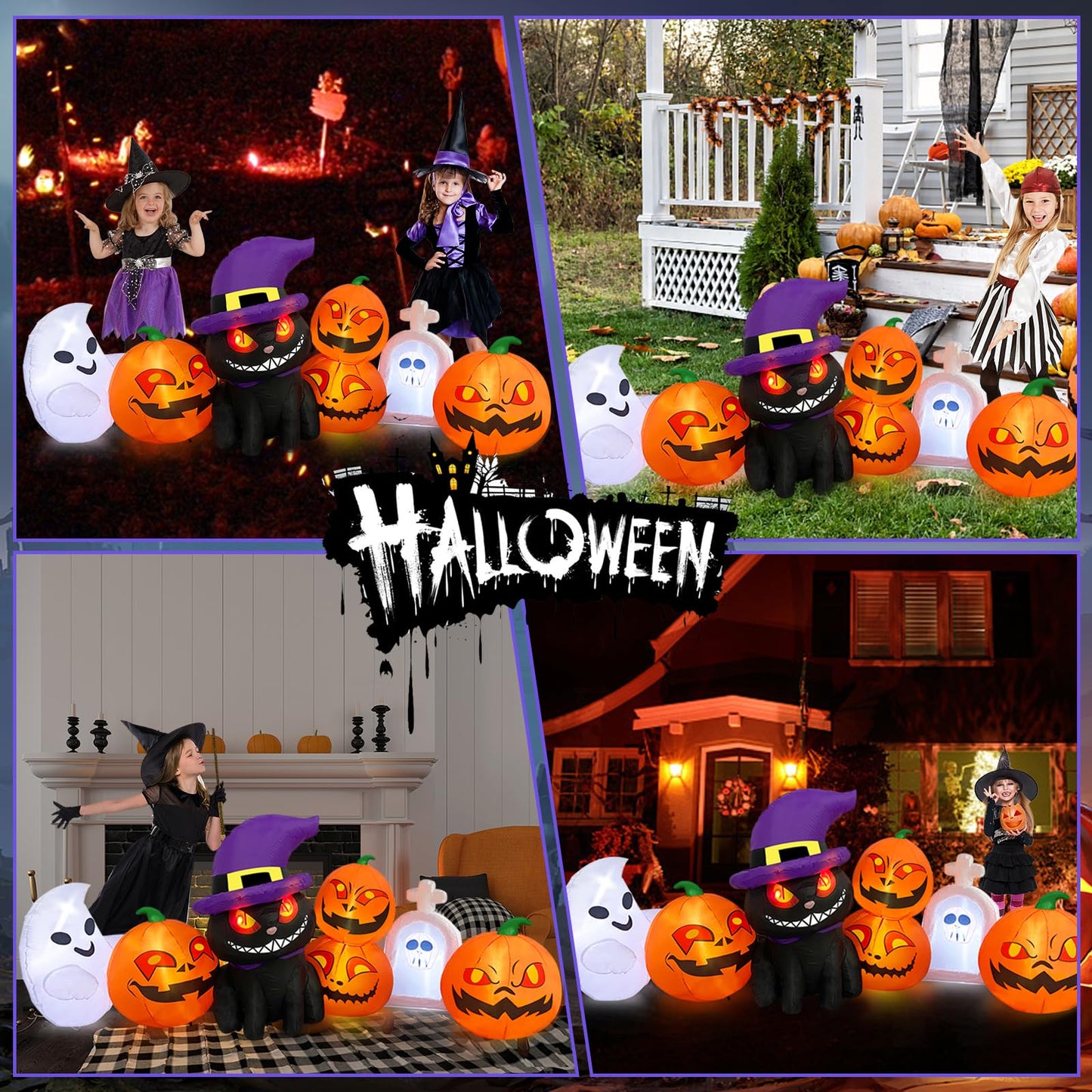 MICOCAH 8 FT Long Halloween Inflatables Outdoor Decorations - Blow Up Cat & Pumpkin Lanterns with Tombstone Ghost Halloween Yard Decorations, Built-in LED Lights Décor for Holiday Party Yard Lawn