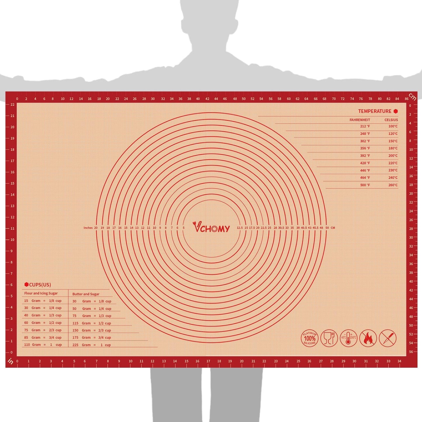Skiennix Extra Large Silicone Pastry Mat - Non-Slip Baking Surface with Measurements | 36x24 Inch, Red